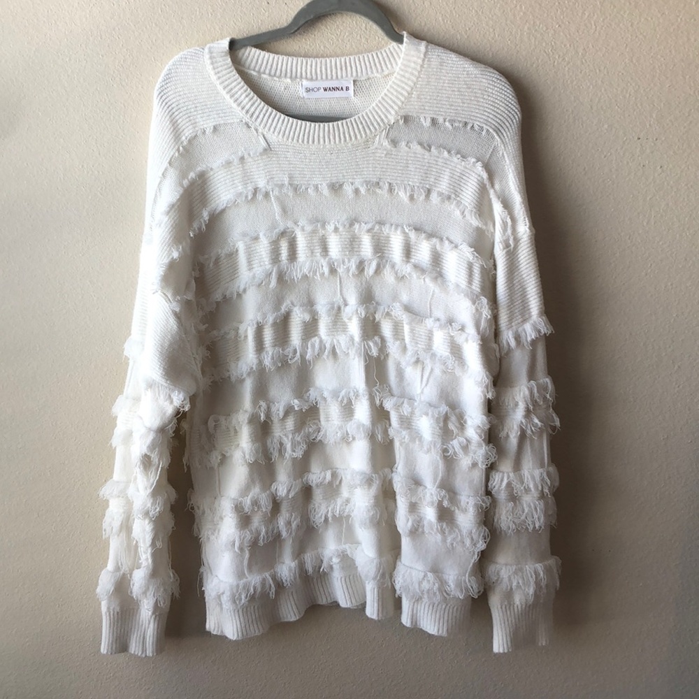 White Fringe Oversized Sweater